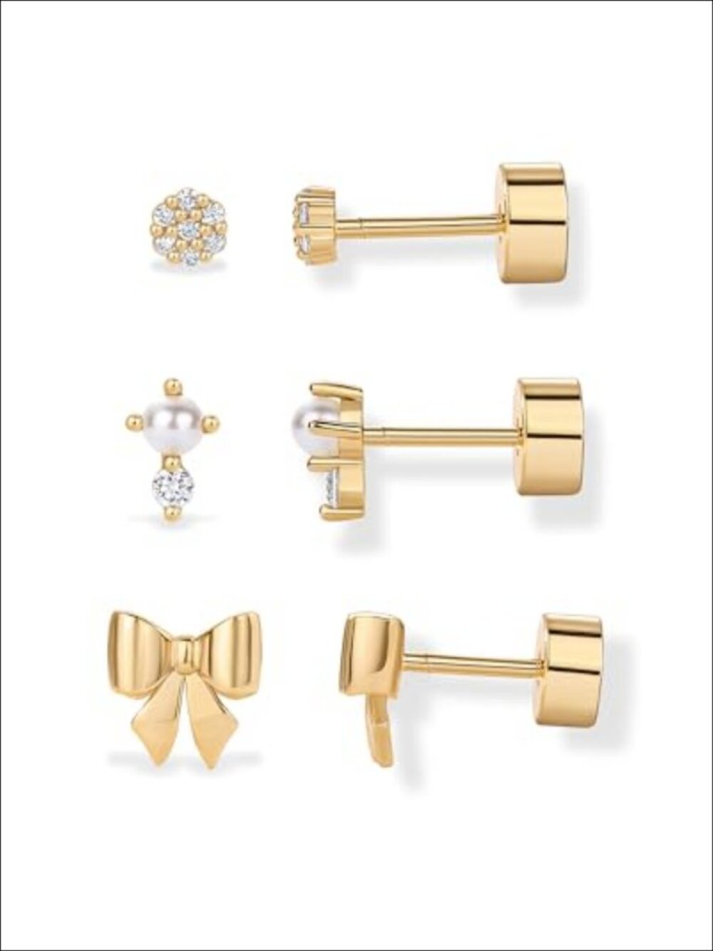 14K Gold Plated CZ Screw Back Stud Earrings Hypoallergenic Flat Back Piercing